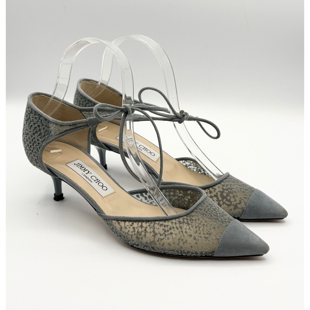 Jimmy Choo Gray Velvet Mesh & Suede Ankle Tie Kitten Heels Pointed Toe Sz EU 38
